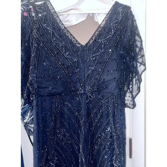 Cristina Wu Navy Beaded V-Neck Gown Size 20W Elegant Formal Dress Sheer Sleeves - Picture 4 of 13
